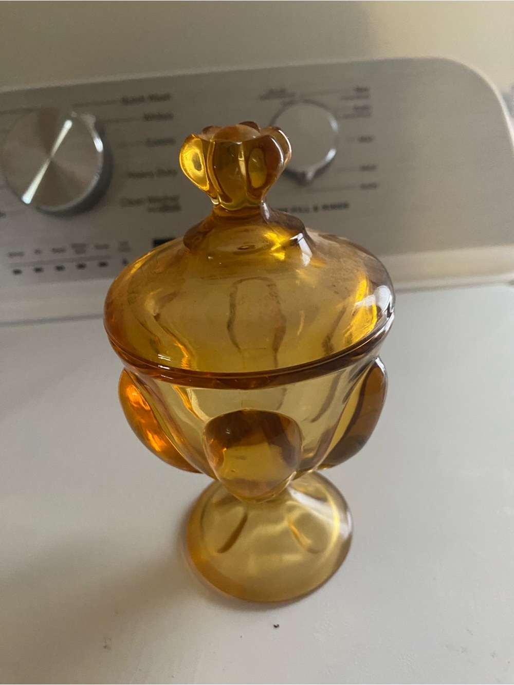Vintage Amber Glass Covered Pedestal Compote Candy Dish